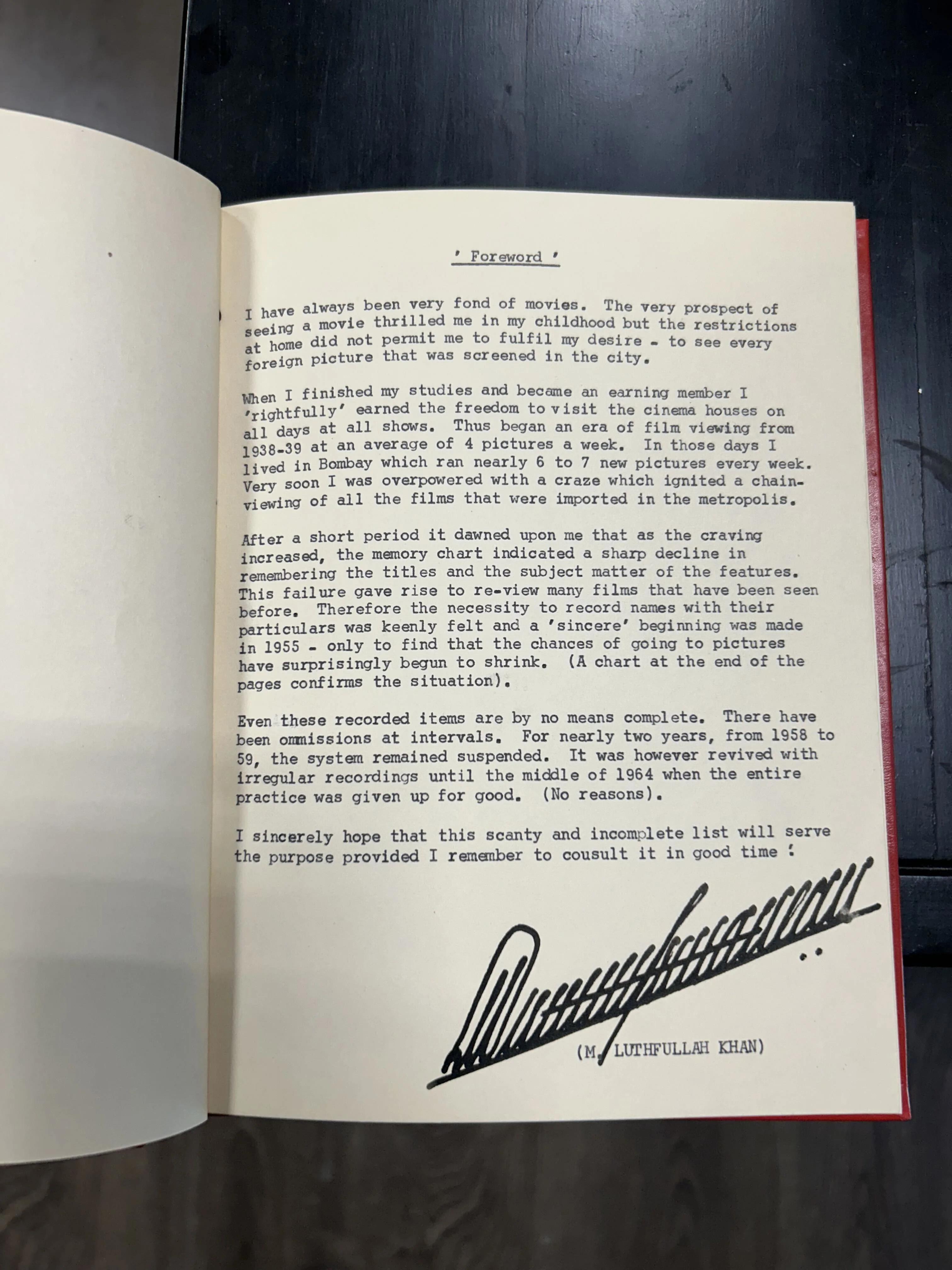 Typed foreword from the movies journal