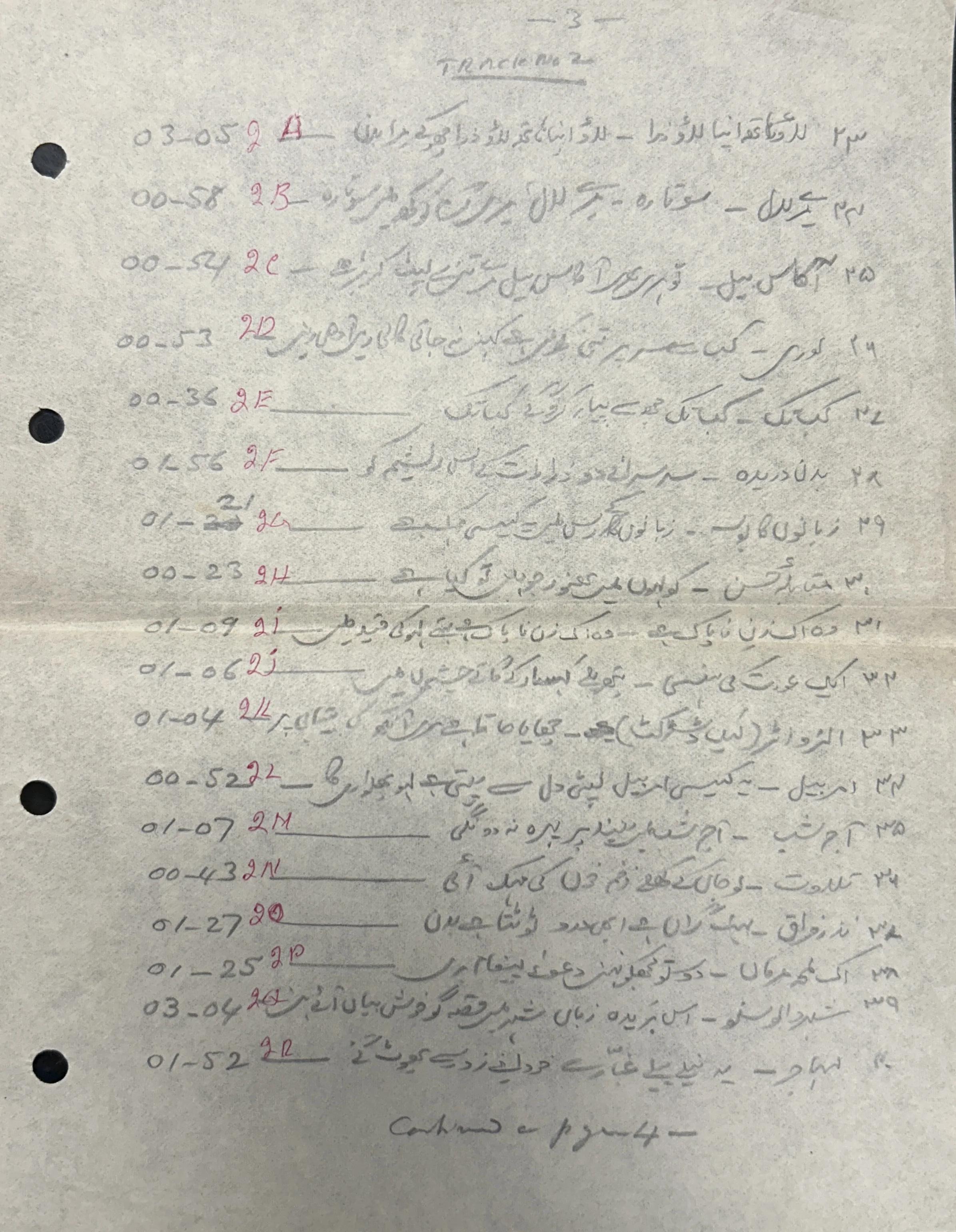 First handwritten archive chit for Fahmida Riaz recordings