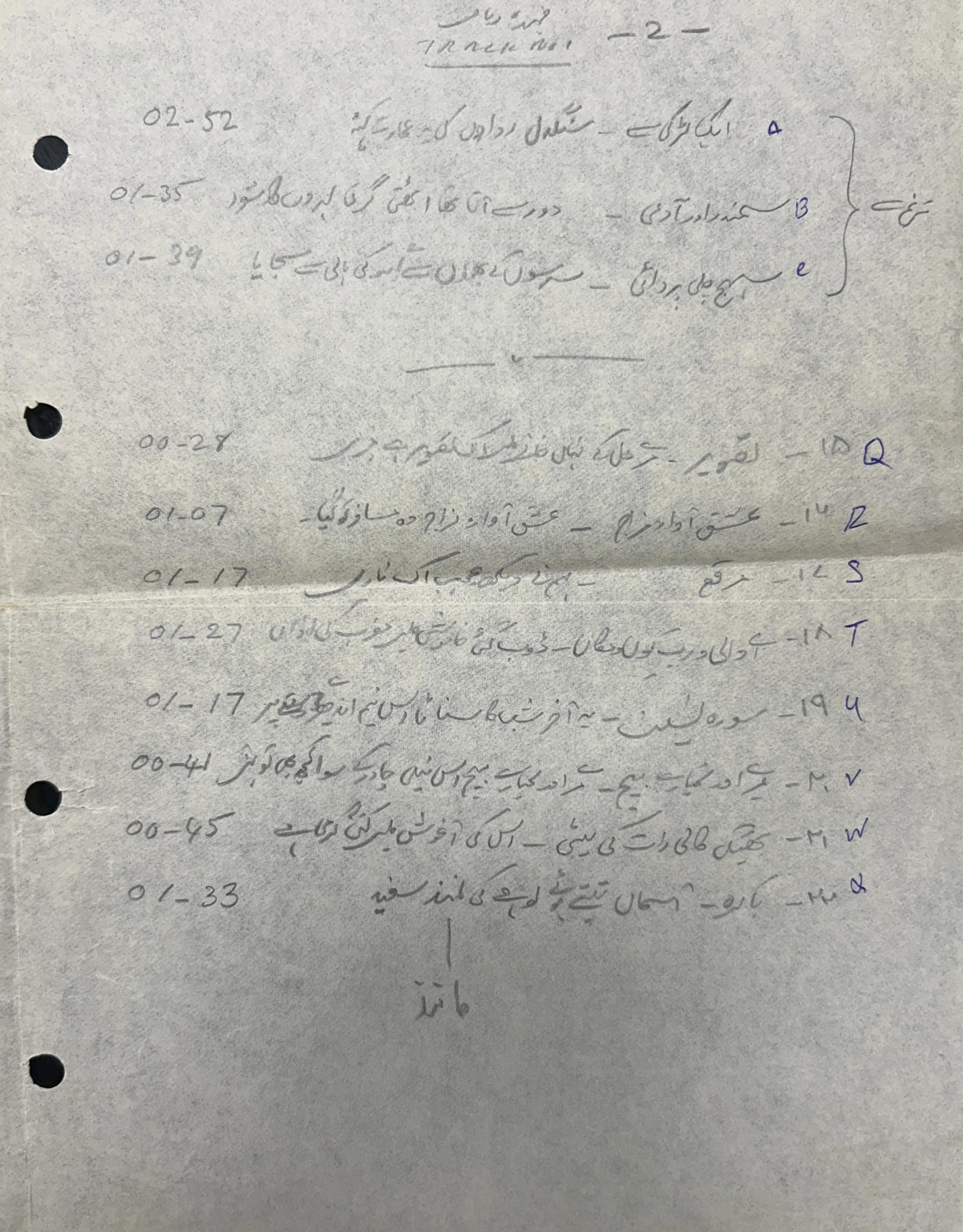 Second handwritten archive chit for Fahmida Riaz recordings