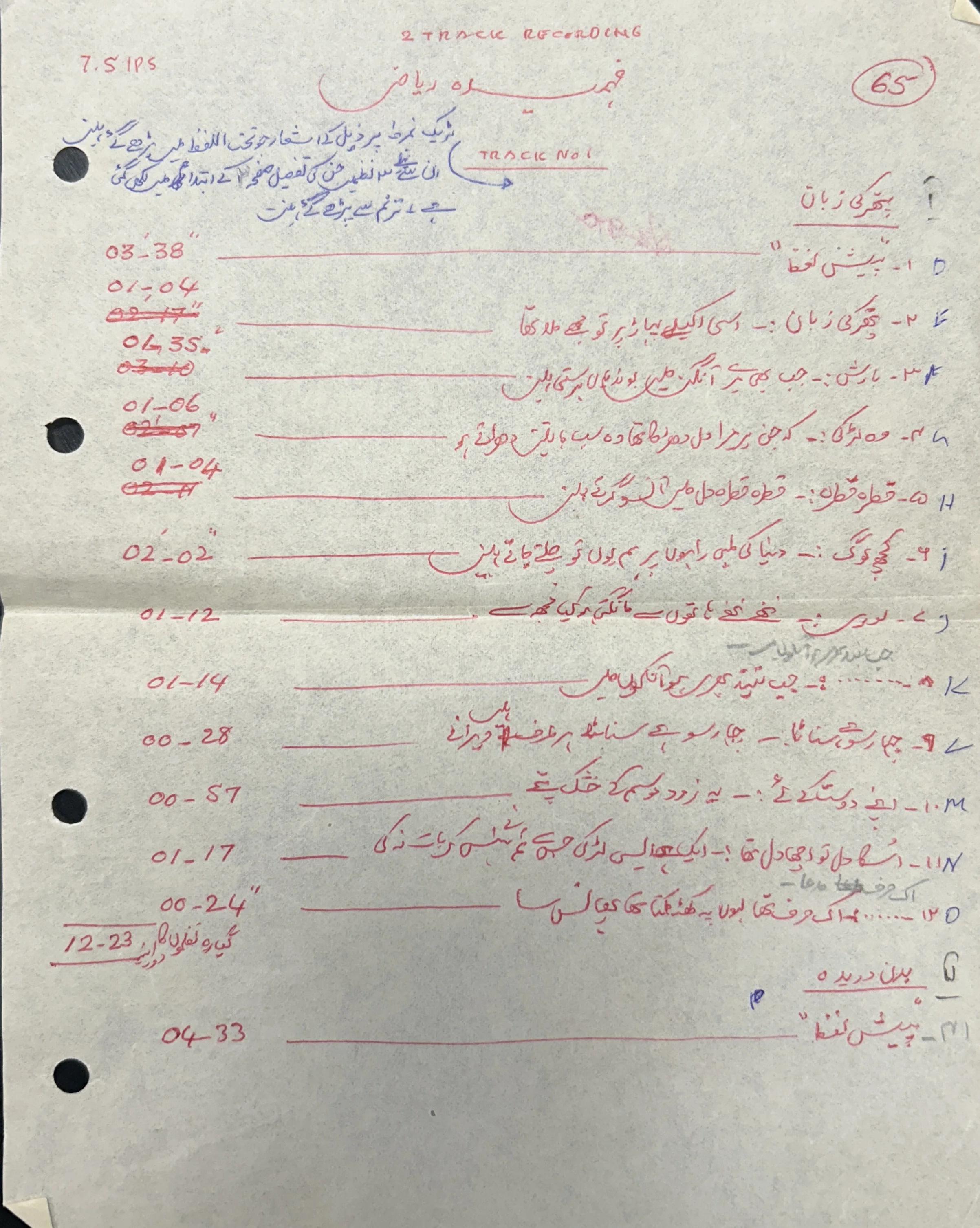 Third handwritten archive chit for Fahmida Riaz recordings