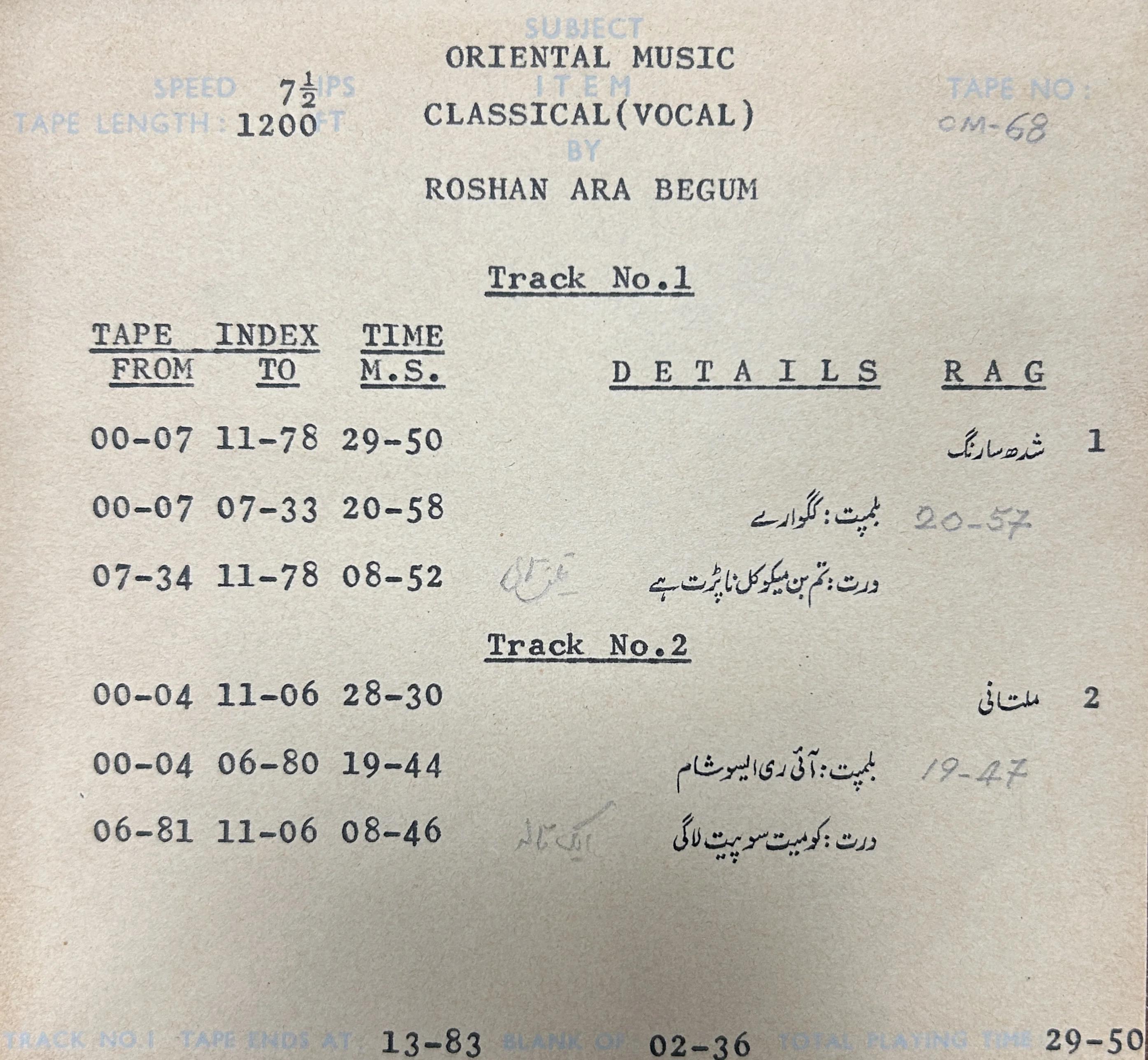Recording tracklist for Roshan Ara Begum